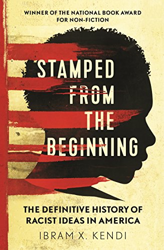 Book cover with a black silhouette and red stripes, titled "Stamped from the Beginning".
