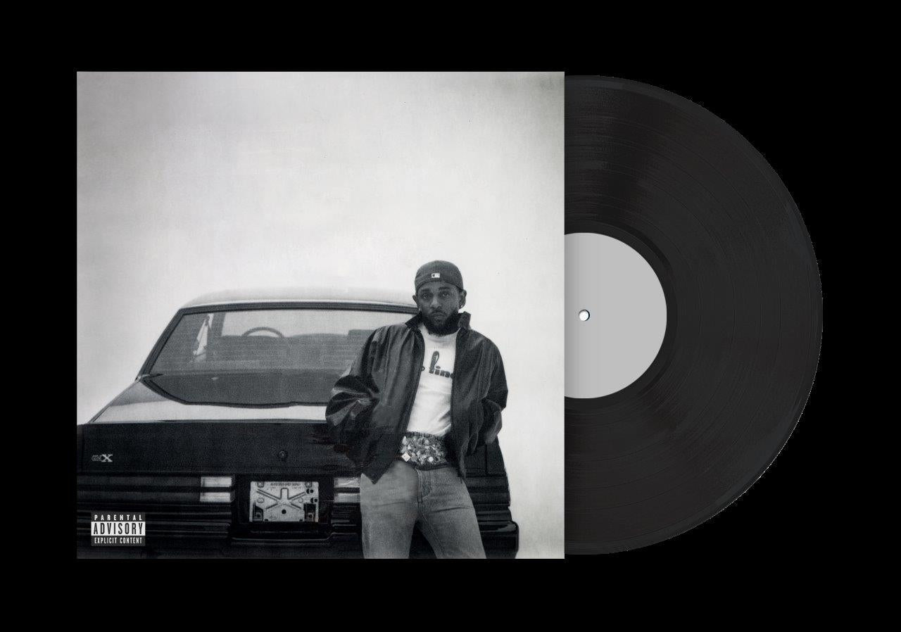 Kendrick Lamar album cover with a black vinyl record beside it.
