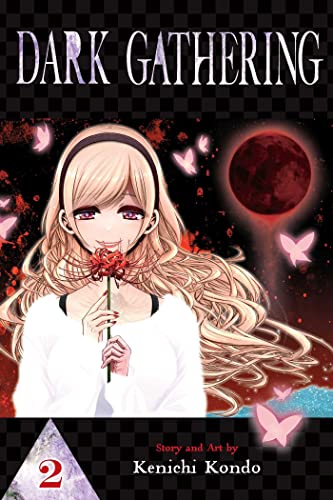Manga cover: blonde woman holding a flower, dark background, red moon.