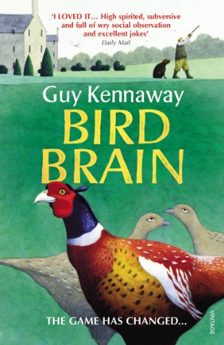 Book cover: "Bird Brain" with pheasants, a hunter, and a manor house.
