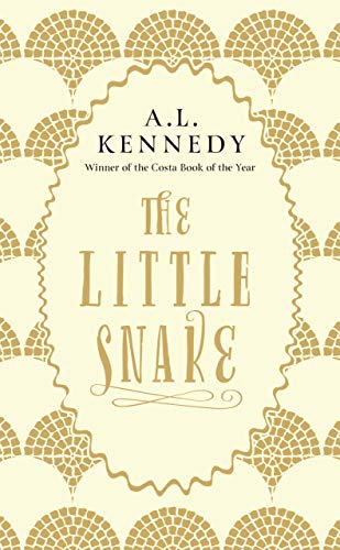Book cover with cream background, gold scalloped pattern, and centered text The Little Snake.