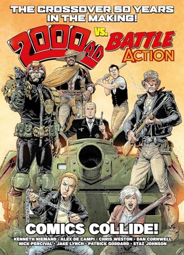 Comic book cover featuring multiple armed characters and a tank.