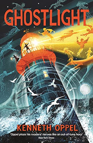 A lighthouse shines a beam of light amidst swirling ghosts and crashing ocean waves.