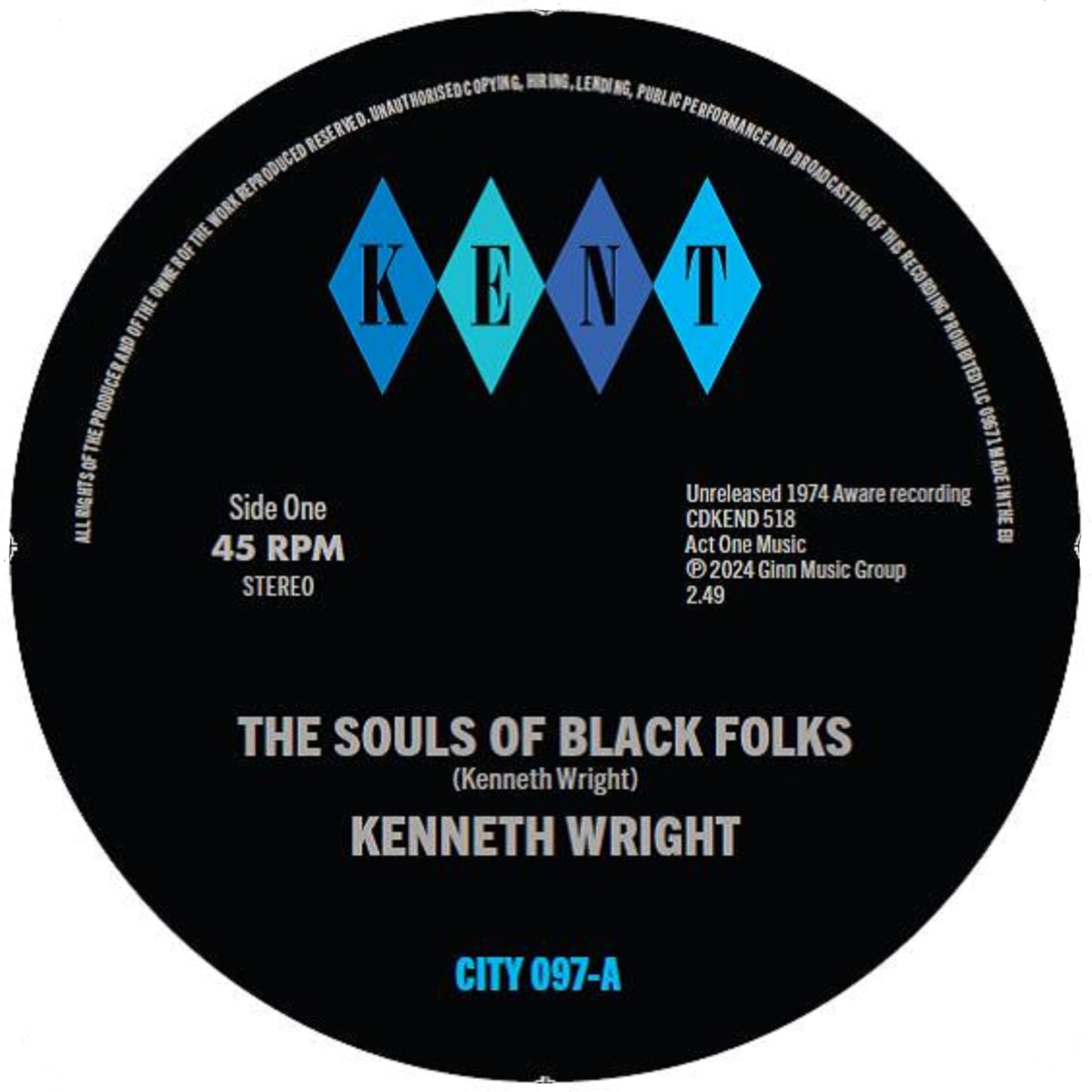 Black vinyl record label with blue diamond logo and white text.