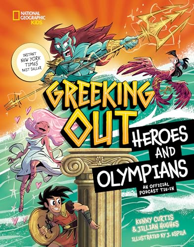 Book cover: colorful cartoon illustrations of Greek gods and heroes.