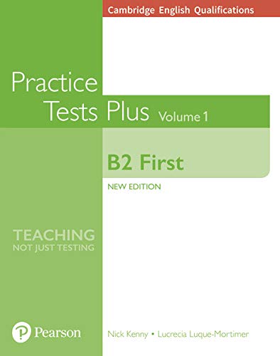 B2 First practice test book cover, green and white design, Pearson logo.