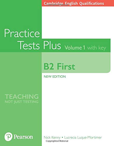 Cambridge English B2 First practice test book, green and white cover.