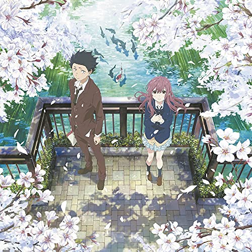 Anime soundtrack cover with two characters under falling cherry blossoms.