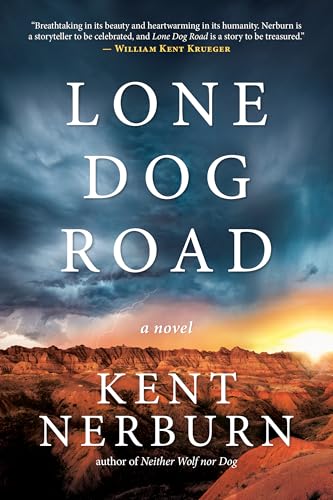 Book cover for “Lone Dog Road” with a desert landscape and stormy sky.