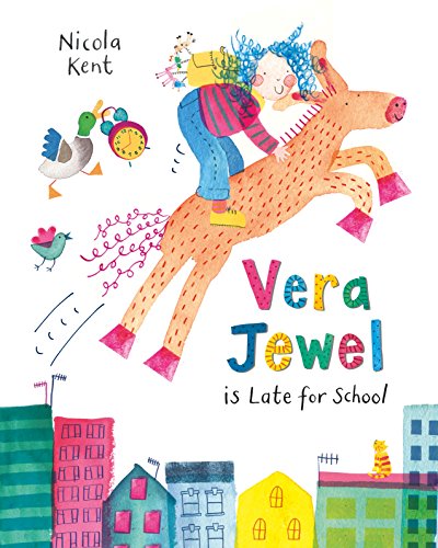 Girl riding an orange horse above colorful houses, book cover.