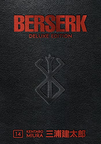 Black leather-textured cover of Berserk Deluxe Volume 14 with red text and embossed symbol.