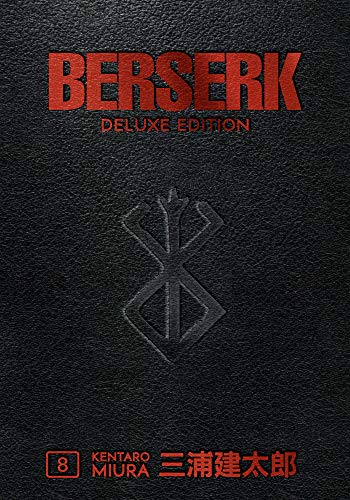 Black leather-textured cover of Berserk Deluxe Volume 8 with red text and embossed symbol.