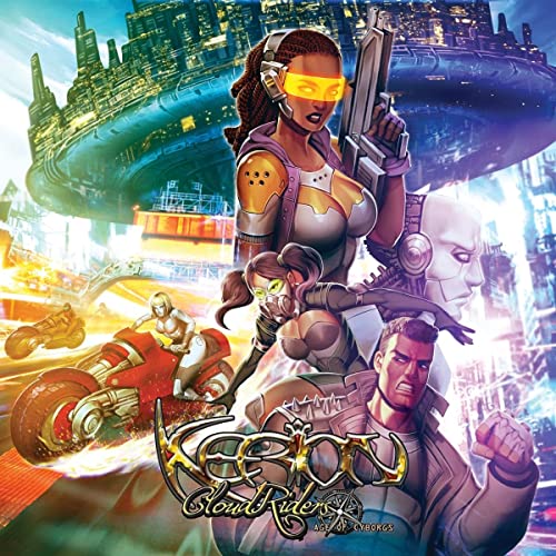 Sci-fi album cover featuring a cyborg woman with a gun and futuristic city.