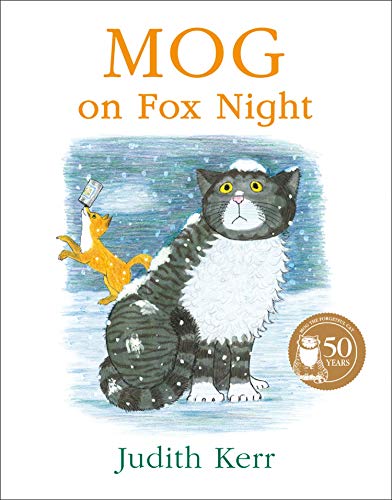 Book cover: a grey and white cat with a small orange fox in snow.