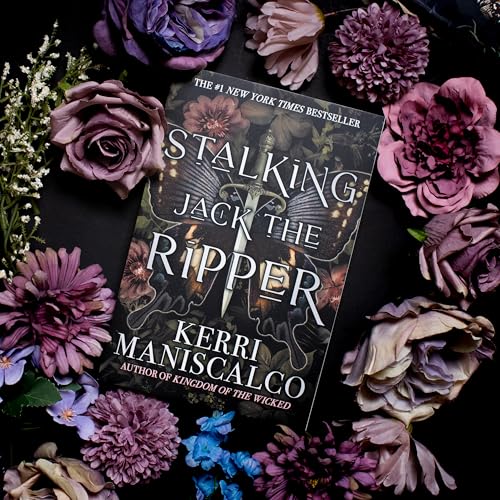 Book cover with a dagger and butterflies, surrounded by purple flowers.
