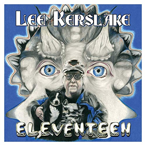 "Album cover with a man surrounded by a creature, blue background, white text."