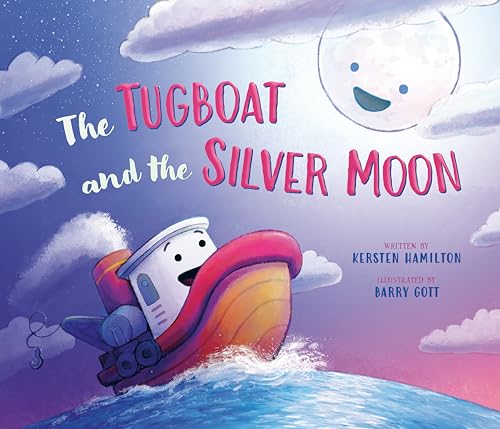 Children’s book cover featuring a red tugboat and smiling silver moon.