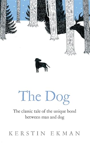 Book cover showing a small black dog in a snowy forest with tall trees.