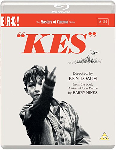 Blu-ray cover for the film Kes, featuring a boy making a V-sign gesture.