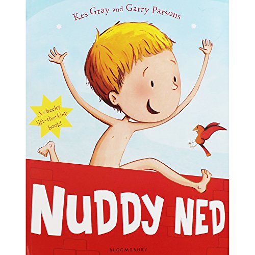 Book cover: cartoon boy with arms raised, red bird, bold title "Nuddy Ned".