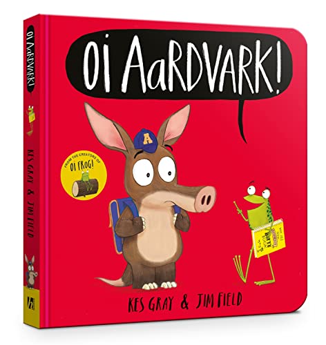 Red book cover featuring an aardvark with a frog, titled "Oi Aardvark!".