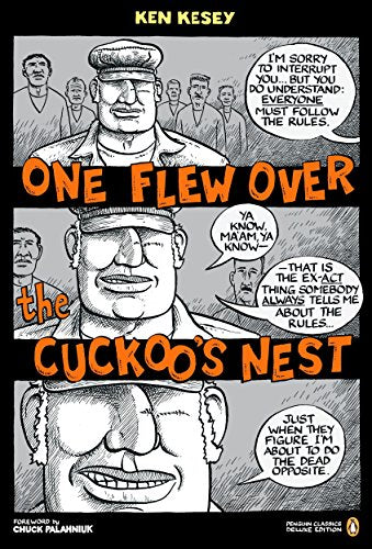 Book cover: “One Flew Over the Cuckoo’s Nest” with illustrated figures.