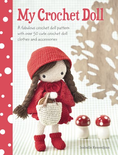 Crocheted doll with red hood and basket, book cover illustration.