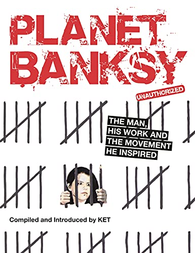 Book cover for “Planet Banksy” with red text and a caged face image.
