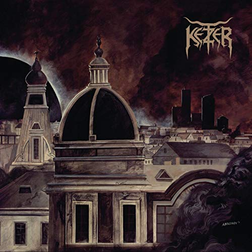 "Album cover art featuring a dark cityscape with a large domed building."