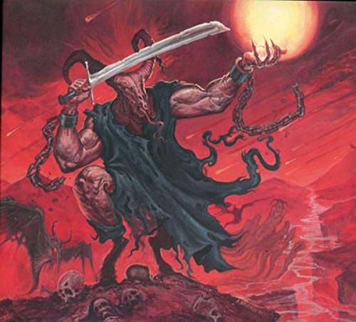 "Demonic figure with sword and chains stands on skulls, red background."