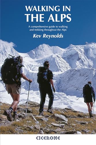 Book cover: "Walking in the Alps" with hikers and snowy mountains.