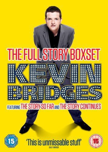 Man in suit on bright yellow background with large text reading Kevin Bridges.