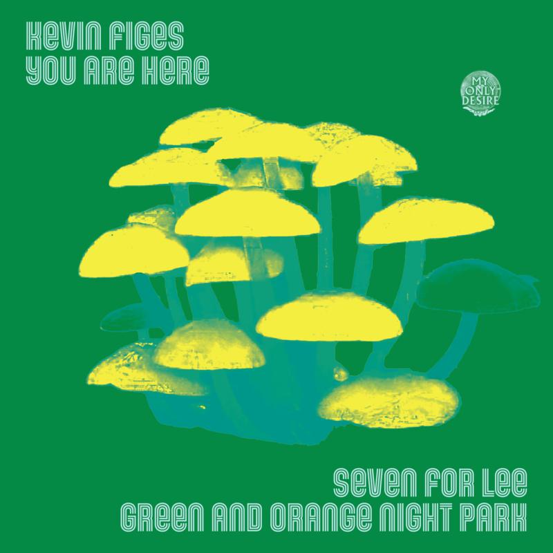 Vinyl album cover with yellow mushrooms on a green background.