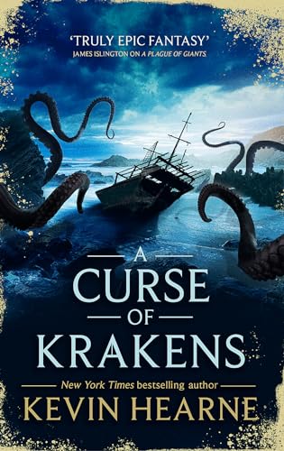 Book cover: shipwreck attacked by krakens under stormy blue skies.