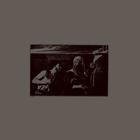 Dark, grainy image of three hooded figures in a somber setting.