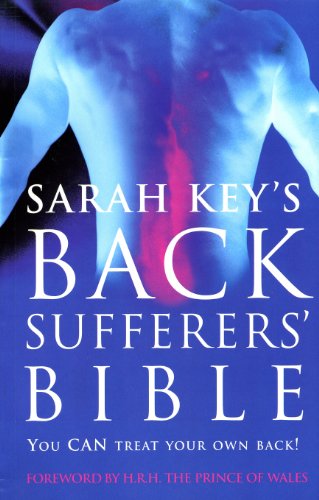 Book cover: "Sarah Key's Back Sufferers' Bible" with a blue and red spine image.