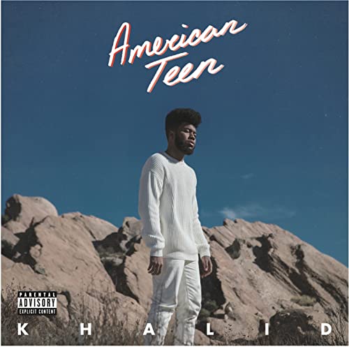 Khalid album cover, "American Teen," featuring a portrait and landscape.