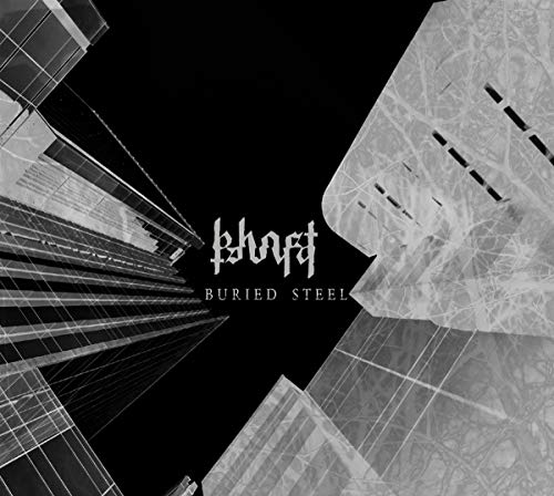 Black and white album cover for Khost’s “Buried Steel” with abstract shapes.