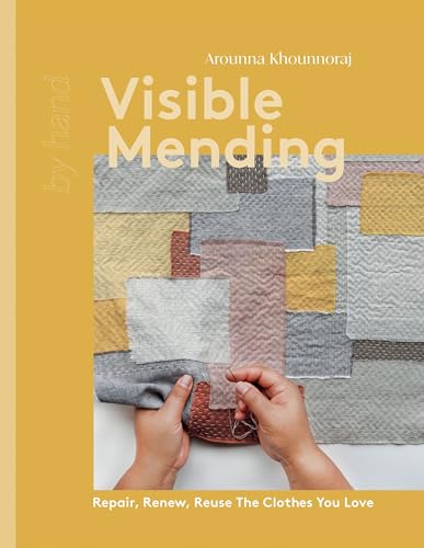 Book cover showing hands stitching together various fabric patches on a yellow background.