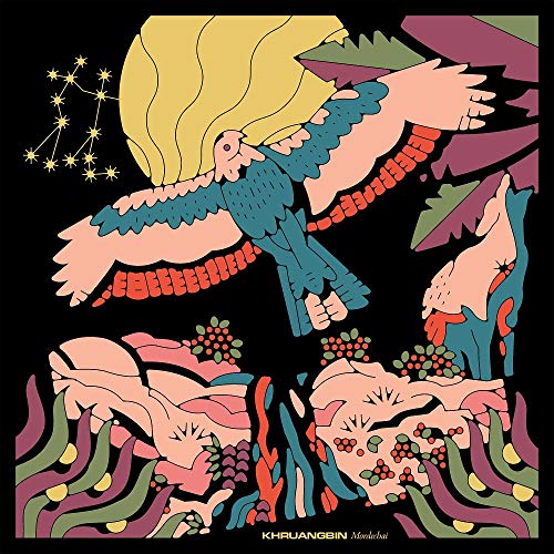 Khruangbin’s “Mordechai” vinyl cover: bird, constellations, and stylized plants on black.