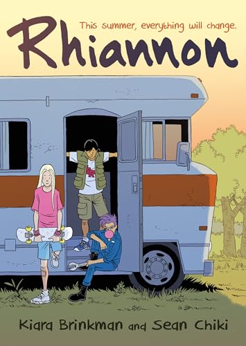 Book cover: “Rhiannon” depicts three young people and a vintage RV.