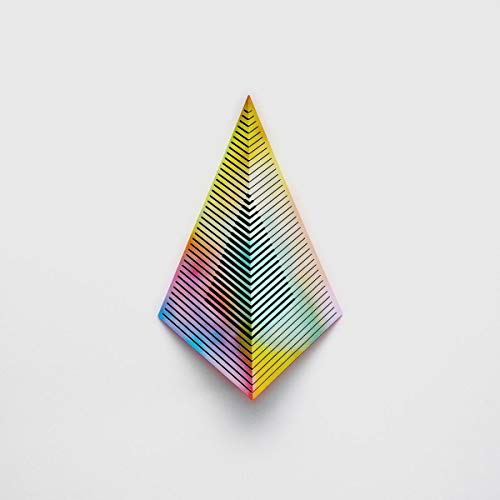 Colorful, geometric pyramid design on a white vinyl record cover.