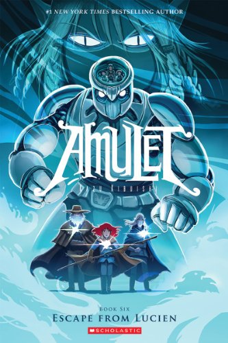 Book cover featuring a giant robot, three adventurers, and a large face in background.
