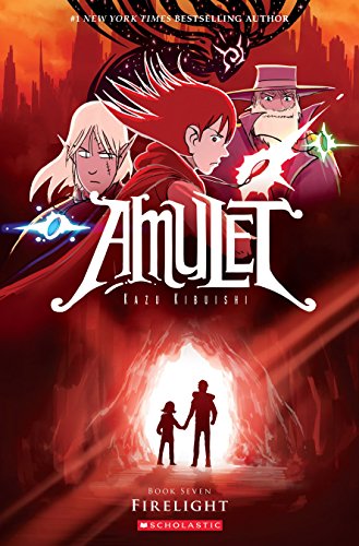 Book cover with illustrated characters in a fantasy landscape, titled "Amulet: Firelight".