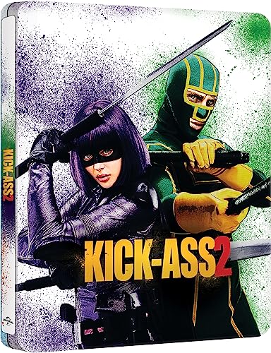 Hit-Girl and Kick-Ass pose with weapons against a purple and green paint-splattered background.