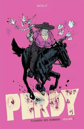 A person in a cowboy hat rides a black horse while firing two pistols.