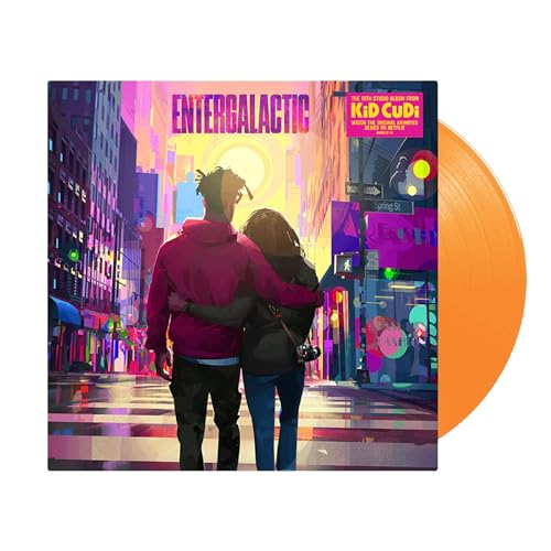 Kid Cudi’s “Entergalactic” vinyl LP with illustrated cover and orange record.