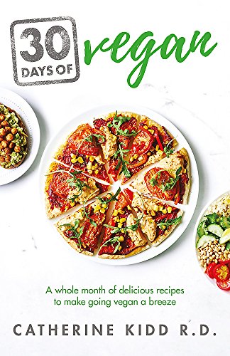 Book cover with vegan pizza, salads, and title "30 Days of Vegan".