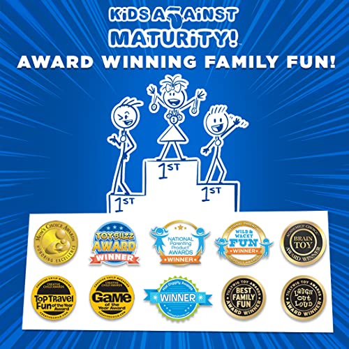 Kids Against Maturity game box art featuring stick figures on a podium with award seals.