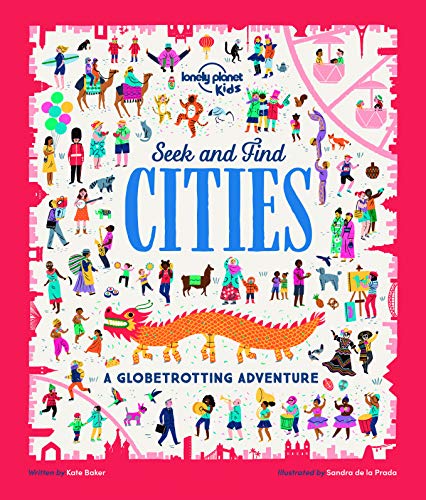 Colorful illustrated book cover, "Seek and Find Cities," with diverse people and landmarks.